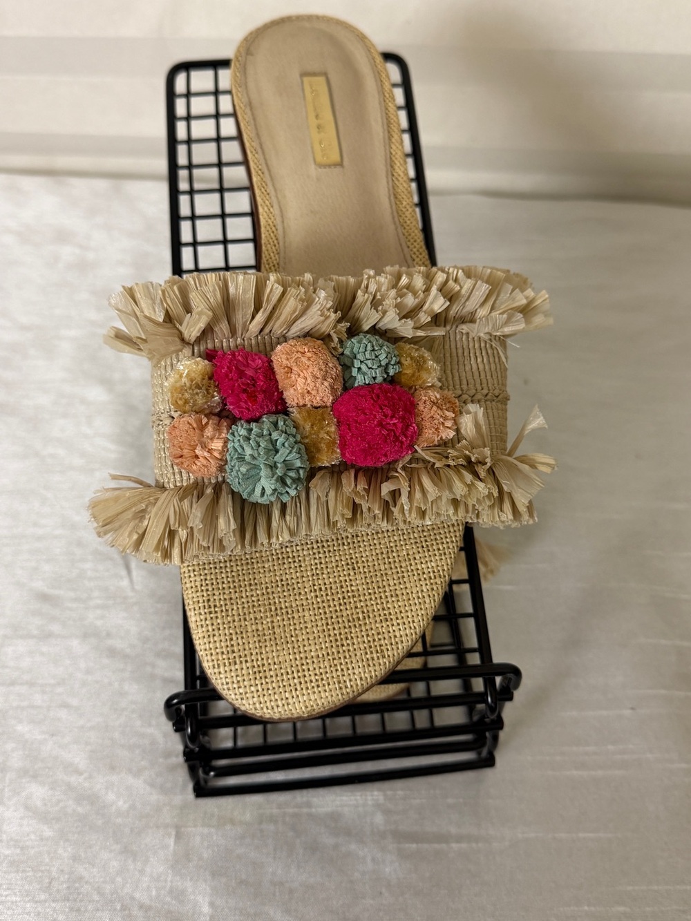 Louise et Cie Tan Raffia Slide Mules with Multicolor Pom-Poms